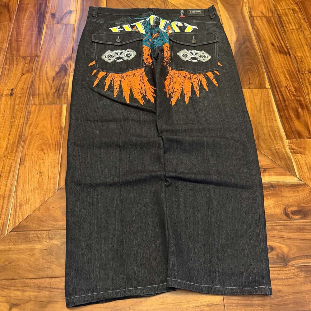 Raw Blue Grail Y2K Baggy Black Dark Wash Embroidered Vintage Jeans 40x32